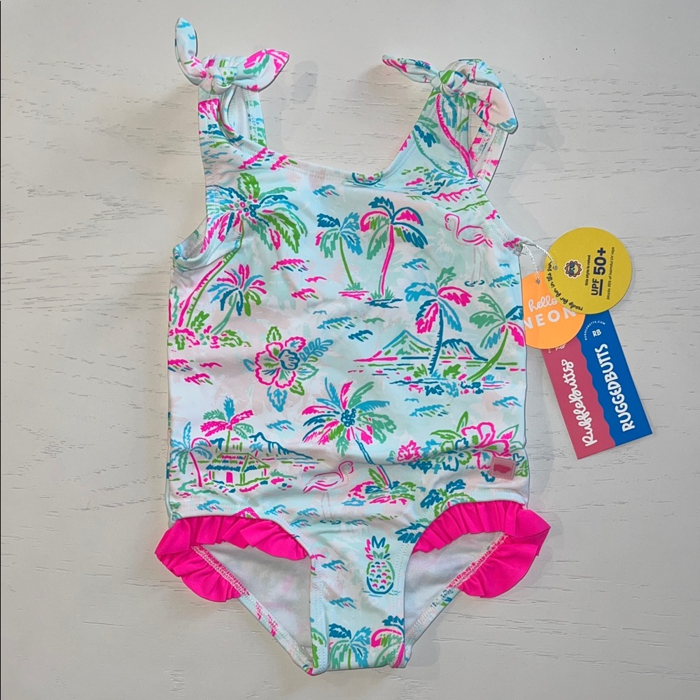 Rufflebutts Neon Tropical Girl One Piece Swimsuit 2T 3T 6